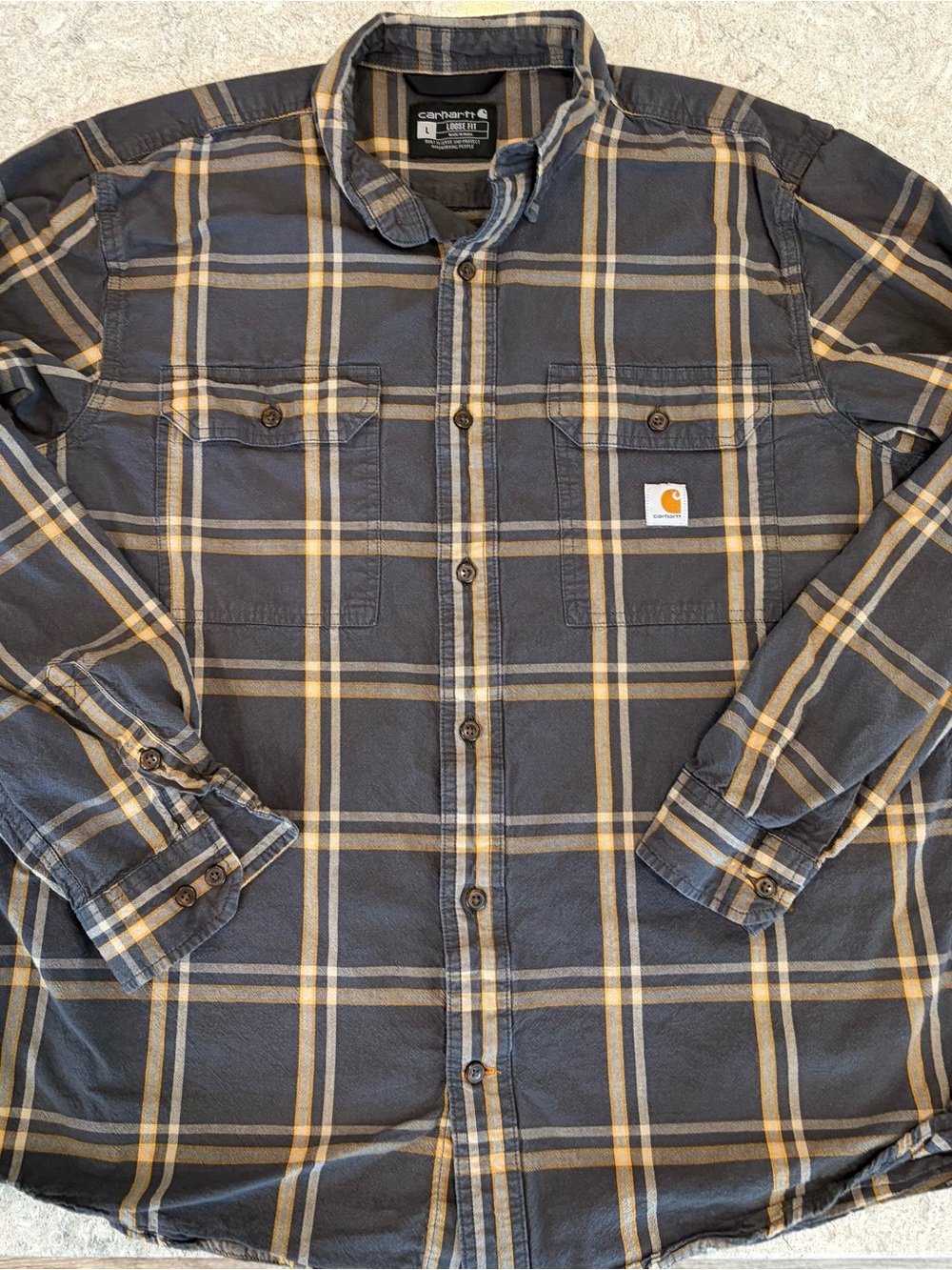 Carhartt Loose Fit Navy Plaid Shirt with Tan Stripes-Large